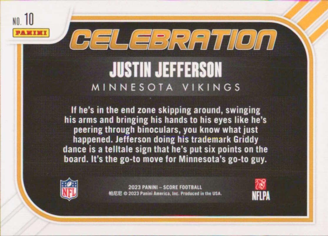 2023 Score Celebration #10 Justin Jefferson Minnesota Vikings NFL Football Trading Card