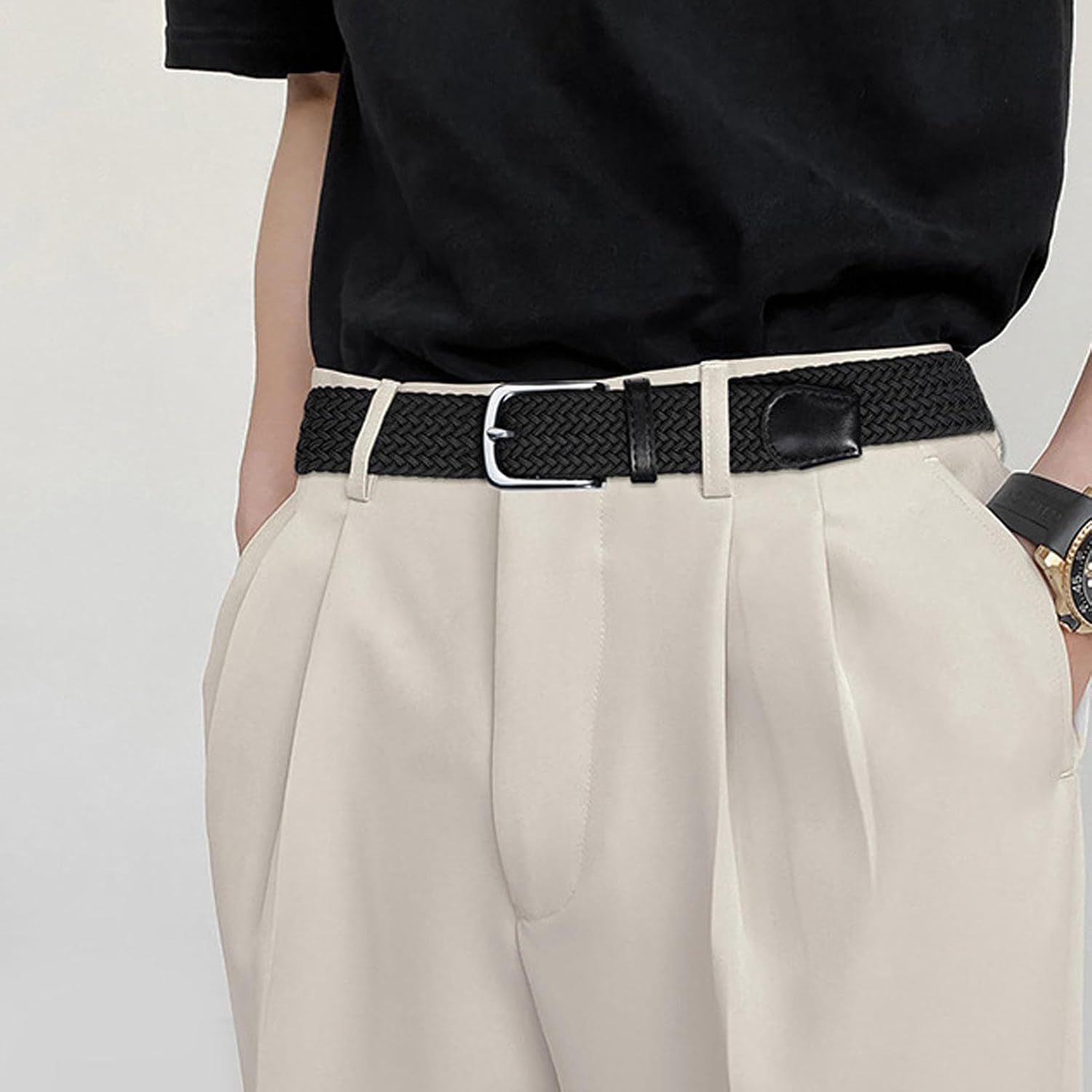 Mens Braided Stretch Belt 1.38" Wide Mixed Color Woven Elastic Golf Belts for Men Casual Jeans Belt