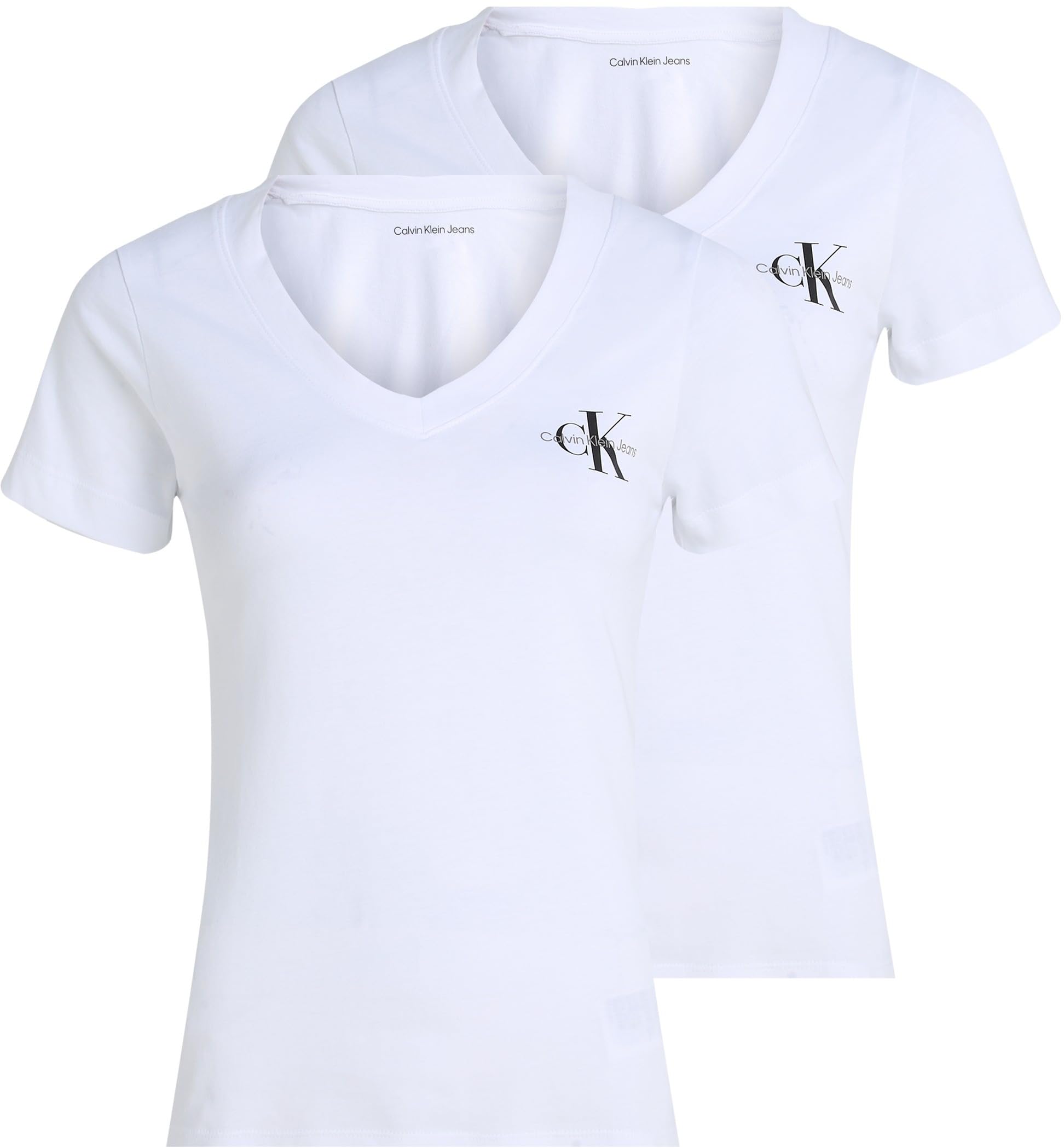 Calvin Klein Women’s 2 Pack Monologo Short Sleeve V-neck T-shirt, White (Brilliant White / Brilliant White), XL