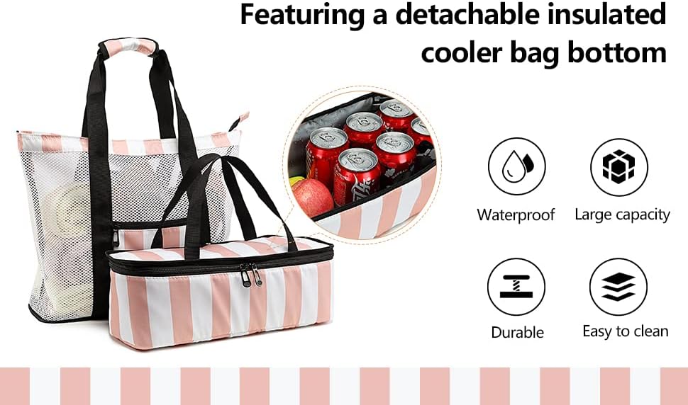 Vista 5 de Bluboon Bolsa de playa de malla con enfriador aislante, bolsas de piscina desmontables para mujer