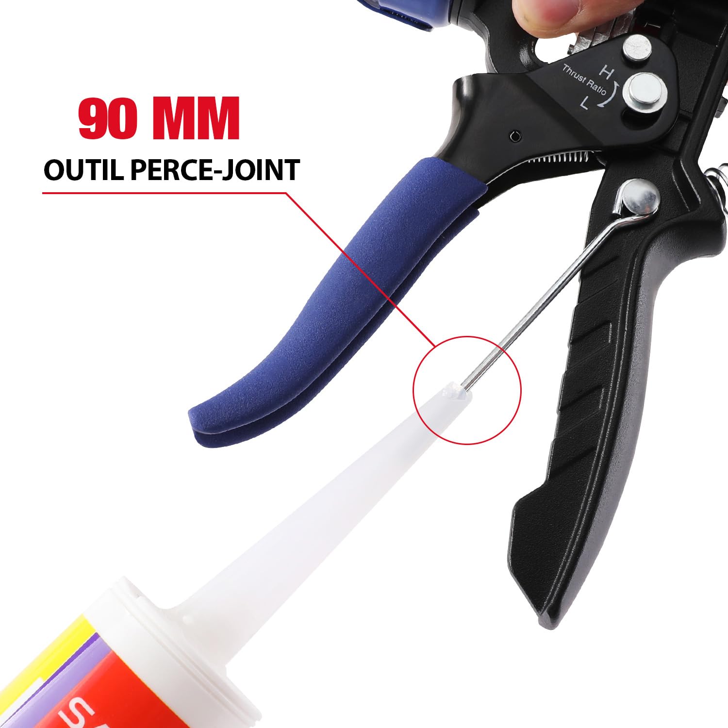 WORKPRO Pistolet à Calfeutrer Silicone en Métal avec 2 Modes de Rapport de Poussée, Transmission de Force 9:1 et 18:1, Pistolet à Cartouche pour Cartouches de Silicone et d'Adhésif de 295ml