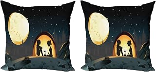 Camp Friends Throw Pillow Cushion Cover Pack of 2, Composition of Camper Girls Resting in a Starry Night and Full Moon, Zippered Double-Side Digital Print Decor, 16", Pale Yellow Dark Teal