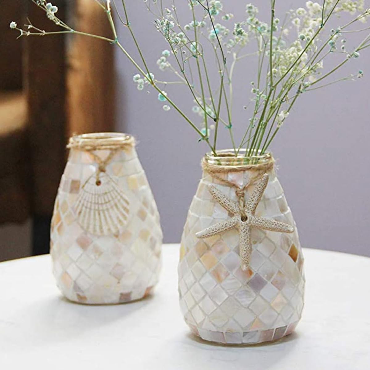 2 Pezzi Vaso di Vetro a Mosaico Bianco Stile Marino per Casa