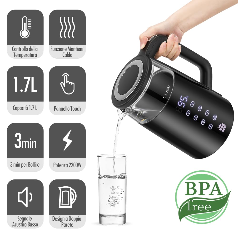 ForMe Bollitore Elettrico in Vetro 1,7 L Selezione della Temperatura Regolabile da 40-100 C LED Display Digitale della Temperatura I Funzione di Mantenimento Caldo Arresto Automatico Teiera Senza BPA