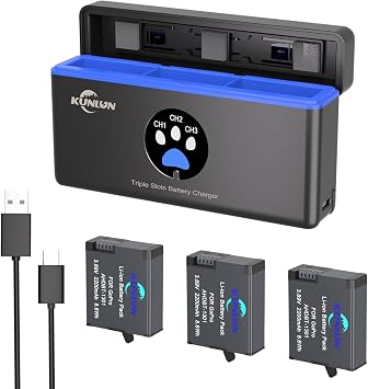 KUNLUN 3-Pack 2200mAh Batteries,3-Slot Charger for GoPro Hero13 Black | 2200mAh High-Capacity Replacement Batteries, LED Fast Charger, Type-C Cable Included, Compatible with GoPro Hero13 Black