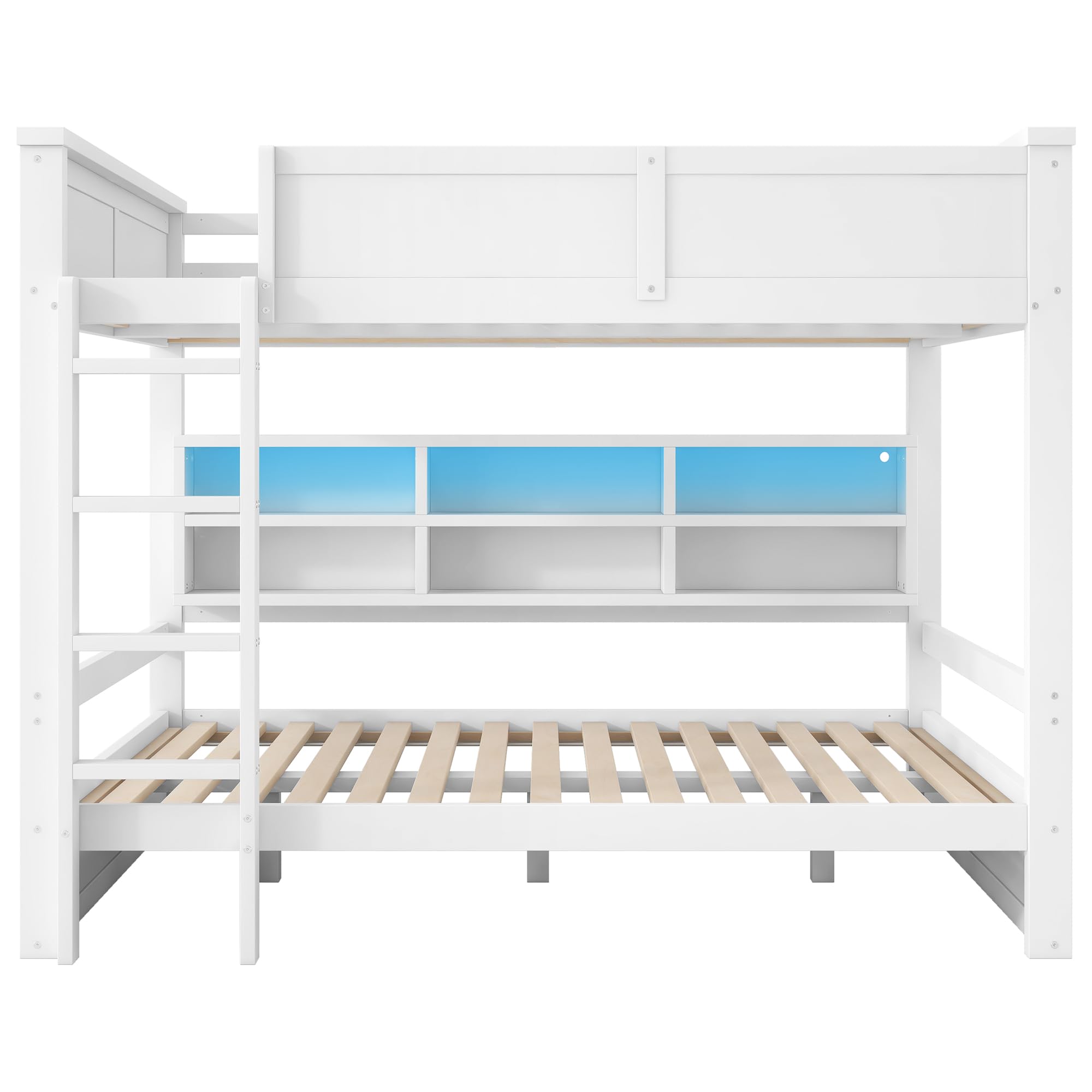 Letto a Castello 160x200 con Scaffali Portaoggetti e illuminazione a LED, Letto Matrimoniale con Rete a Doghe in legno, Protezione anticaduta, Strutture per letti per Bambini e Ragazzi(Senza Materasso