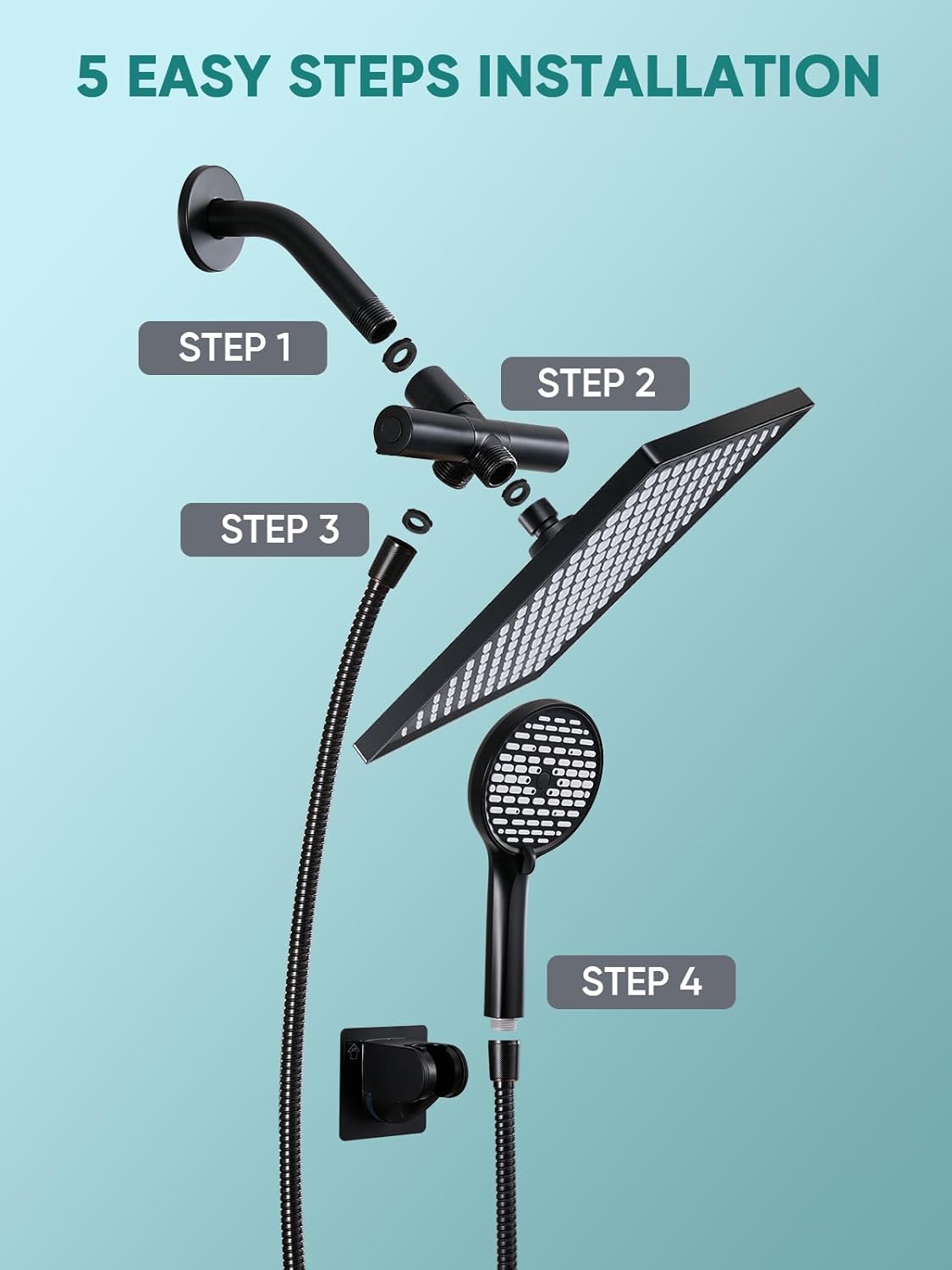 Cobbe 11.8 Inch Rain Shower Head with Handheld - Adjustable Dual Shower Heads with 6 Modes Handheld Spray Combo - Wide Rainfall Showerhead with Hose, Bathroom Accessories - Black