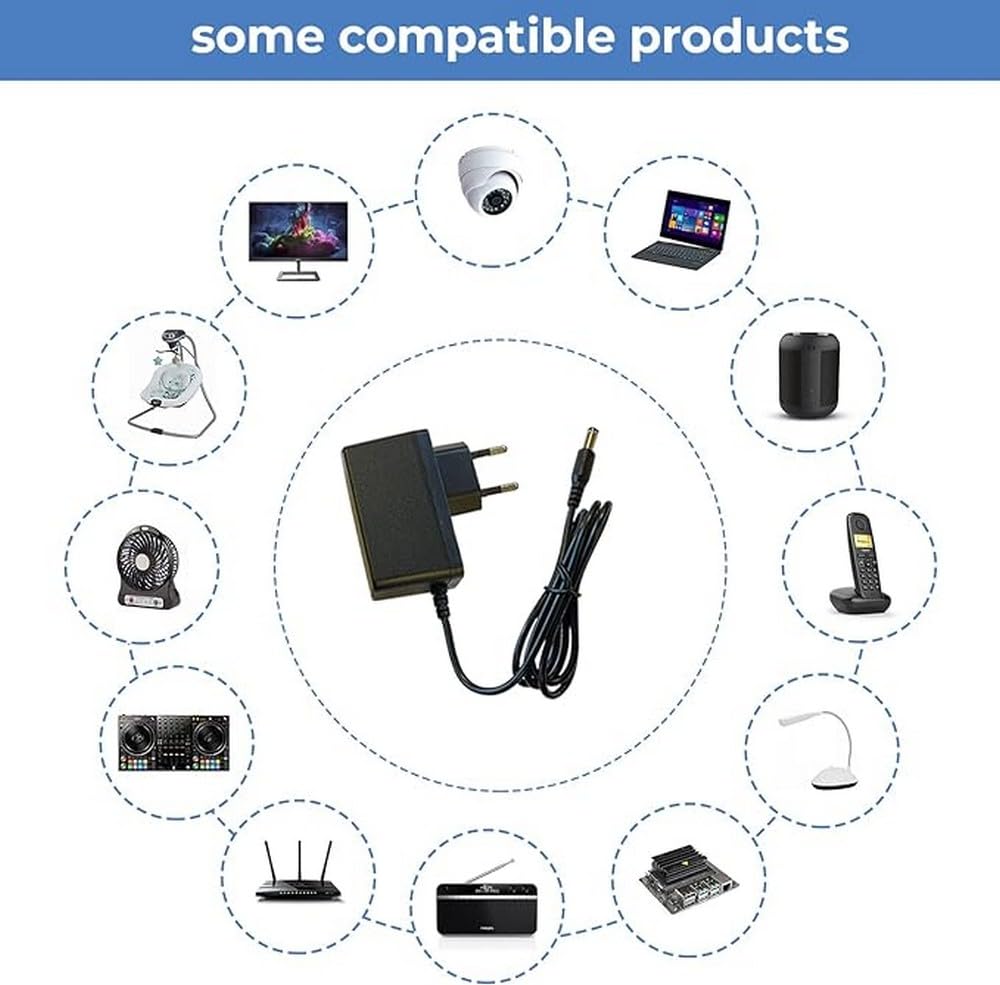 Alimentatore 12V 1A 12W Universale con Connettore DC 5.5x2.1mm, Ingresso AC 100-240V 50/60Hz, Cavo da 1 Metro, Adattatore di Corrente Compatto e Sicuro per Telecamere CCTV, Router, Strisce LED, TV Box