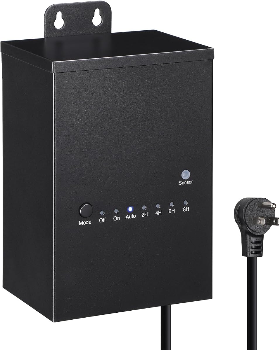Transformador de paisaje de bajo voltaje para exteriores LEONLITE de 100 W, 120 V CA a 12 V CC | Transformador con temporizador de cuenta regresiva y sensor de luz con fotocélula, resistente al agua IP65, para luz de camino con foco exterior, listado ETL