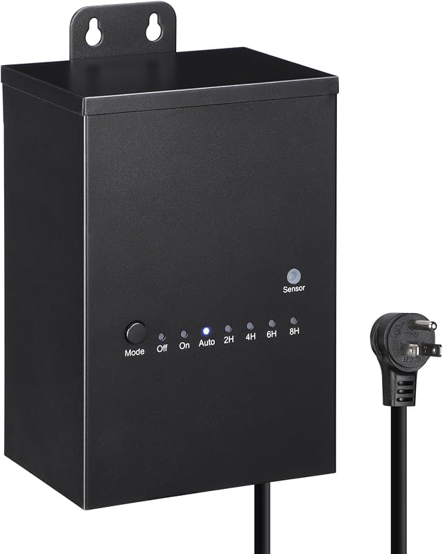 Transformador de paisaje de bajo voltaje para exteriores LEONLITE de 100 W, 120 V CA a 12 V CC | Transformador con temporizador de cuenta regresiva y sensor de luz con fotocélula, resistente al agua IP65, para luz de camino con foco exterior, listado ETL