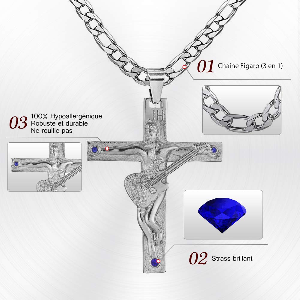 Croix Johnny Hallyday Pendentif Collier Chaîne Johnny Guitare Rocker Signature Métal Argenté Femme Homme Cadeau