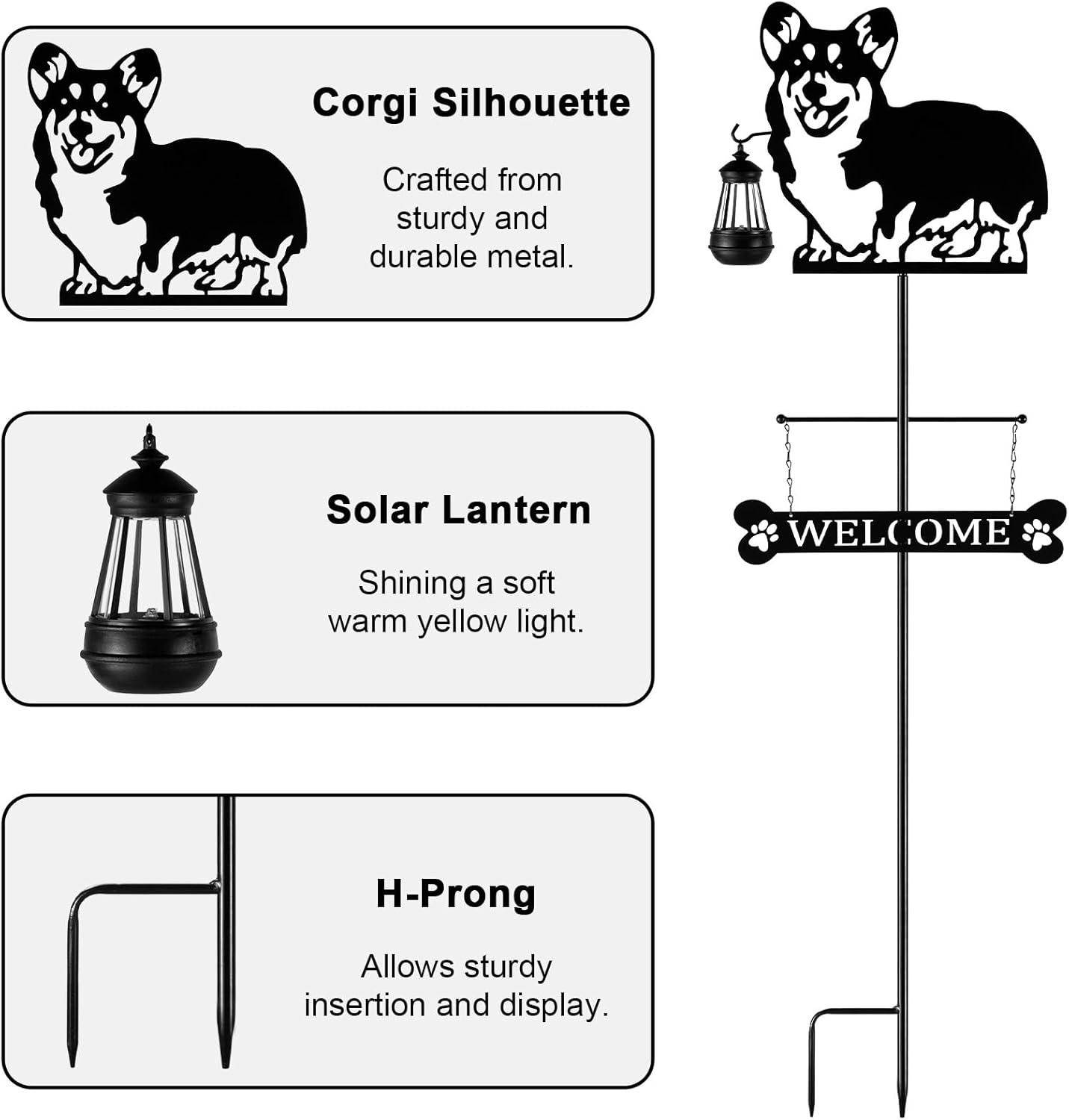 ANGELLOONG 51" Solar Corgi Silhouette Dog Welcome Sign with Lantern, Outdoor Decorative Corgi Gifts for Garden Yard Lawn Patio Pathway - Image 3