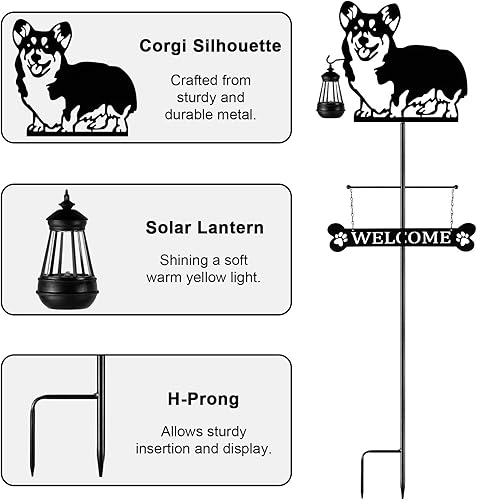 Miniatura 3 de Letrero de bienvenida de perro con silueta solar de 51 pulgadas con linterna, decoración de Corgi para exteriores, para jardín, patio, césped,