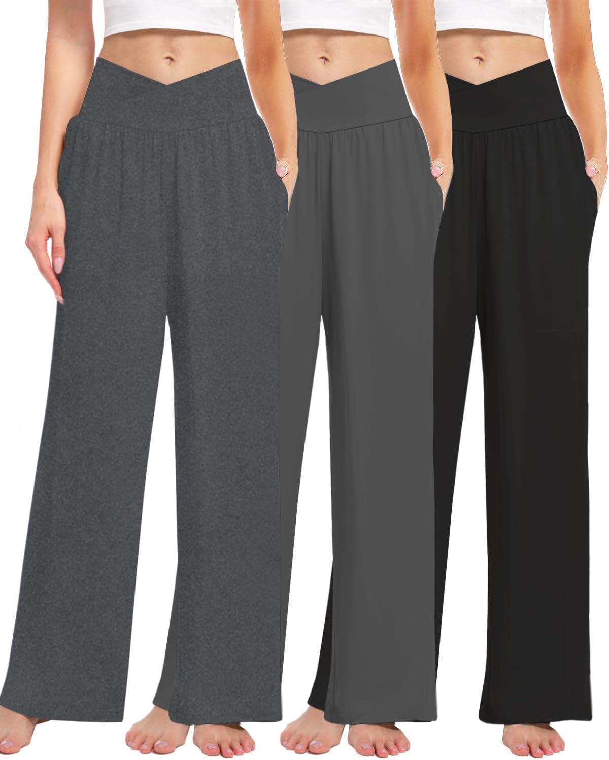 Kivdol 3 Pack Women's Wide Leg Pants Crossover with Pockets High Waist Loose Sweatpants Casual Lounge Yoga Workout Palazzo