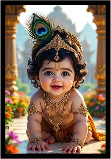 Cute Baby Krishna Photo Frame 8x12 Spiritual Wall Art for Home Decor Temple Room Positive Energy Baby Krishna Photo Frame – Decorative Kanha Ji Wall Poster for Pregnant Women