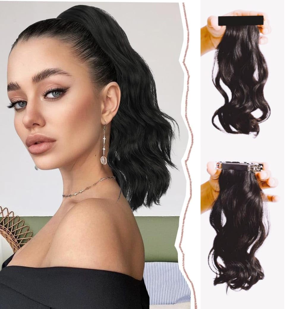 DAZZ LOOK® Barrette Hair Clip in Wavy, Curly 15 Inches Long Ponytail Clip In Hair Extension, Very Soft Hair, Matte Finish, Black Color-image-18