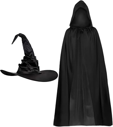 Zinniday Hooded Cloak and Witch Hat - 2 Pcs Halloween Dark Witches Costumes Set for Women Lady, Black Witches Cape and Hats for Halloween Renaissance Cosplay Party Costume Accessories