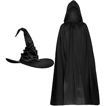 Hooded Cloak and Witch Hat - 2 Pcs Halloween Dark Witches Costumes Set for Women Lady, Black Witches Cape and Hats for Halloween Renaissance Cosplay Party Costume Accessories