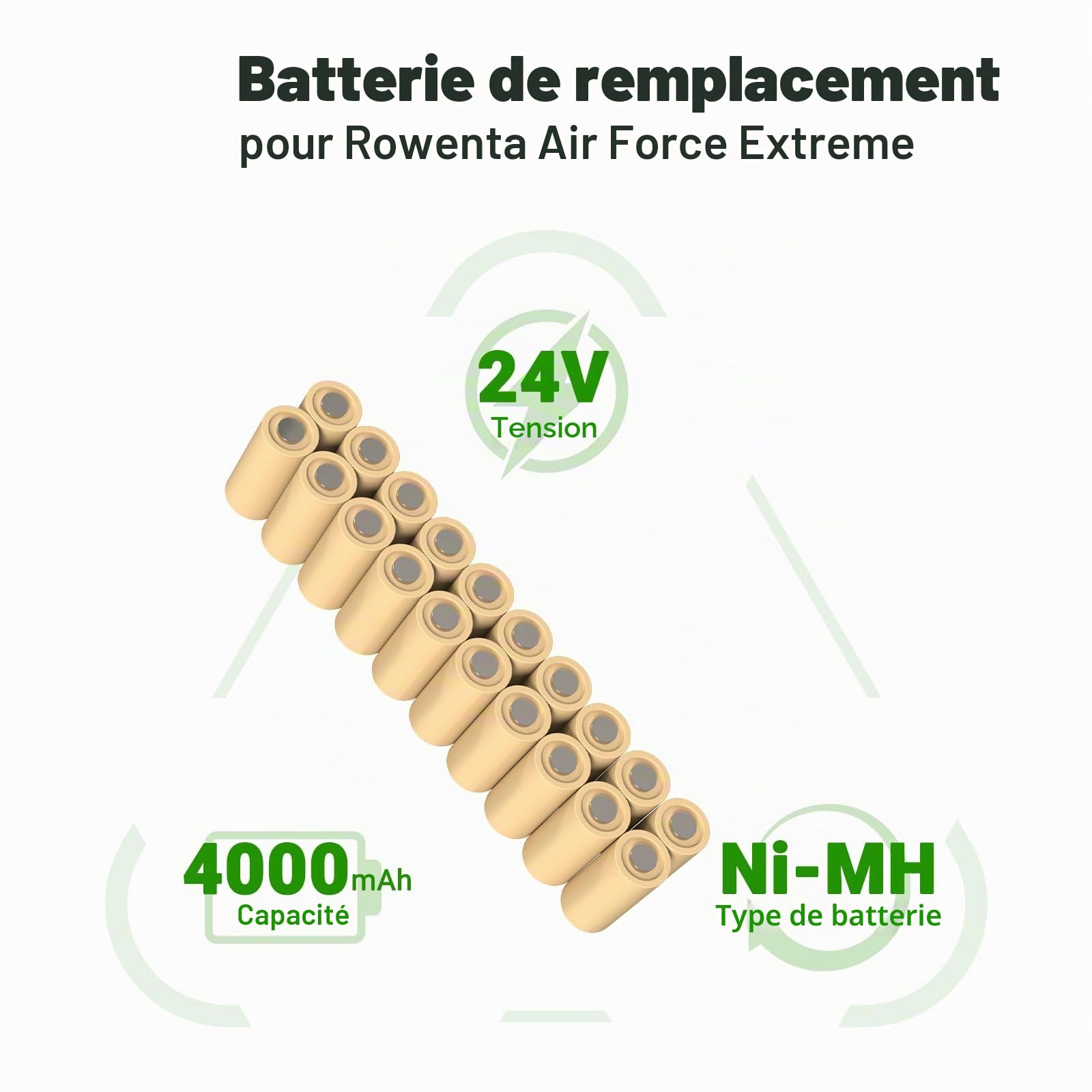 24V 4000mAh Batterie de Remplacement Ni-MH pour Rowenta Air Force Extreme RH8770, RH8770WU, RH8770WU-2D-1, RH8771,RH877101, RH8775, RH877501, RH8779 Air Force Extreme Plus Propre