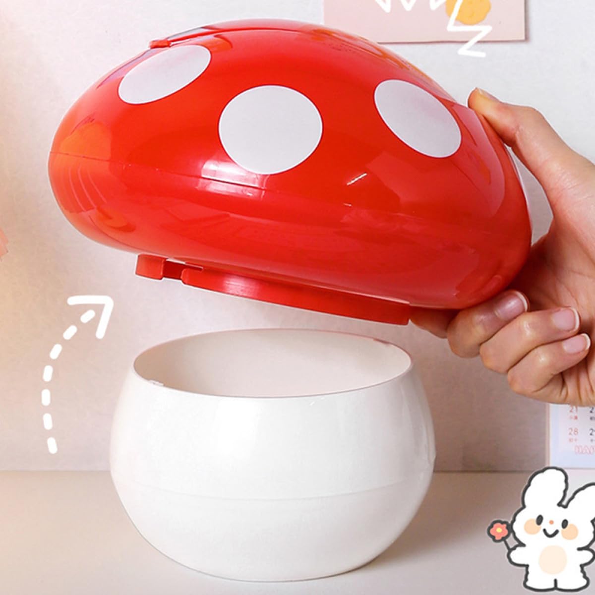 Mini Desktop Mushroom Trash Can with Lid, Small Red Decorative Waste Basket for Office and Home Paper Storage, Compact Novelty Swing-top Garbage Bin for Desk Organization