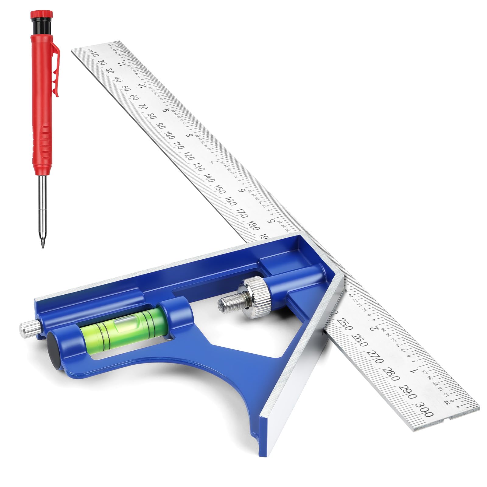 Flintronic Escuadra Combinada Ajustable, 300mm Escuadra Carpintero, Ángulo Combinado de Acero Inoxidable, con Nivel de Burbuja, para Carpintería Herramienta de Medición Multifuncional