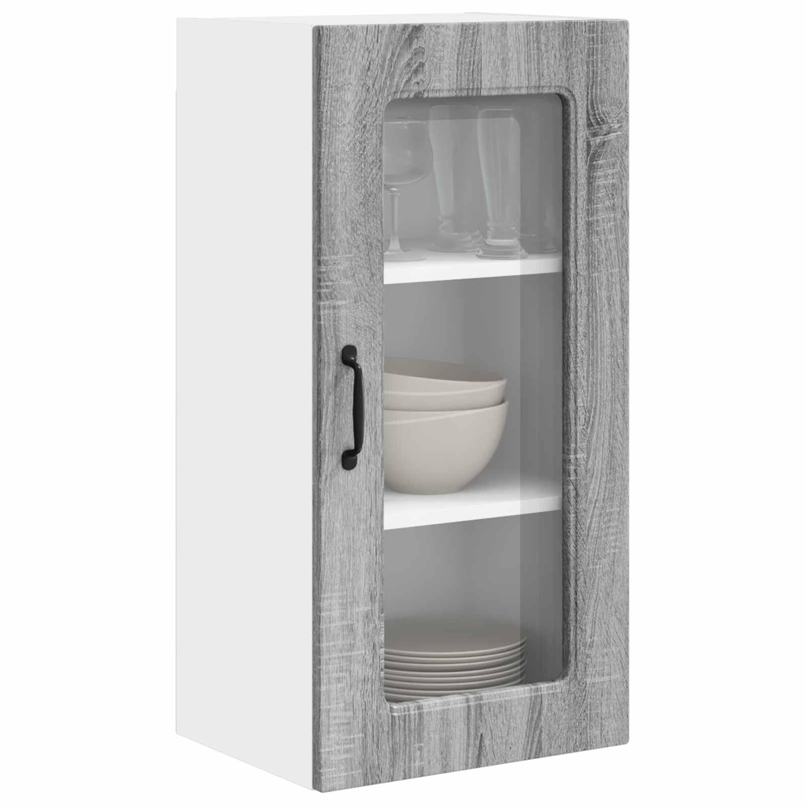 Kalmar - Set di 2 armadi da cucina da parete, moderni pensili per la cucina, in legno, stabile, in rovere Sonoma grigio, con vano portaoggetti, 40 x 31 x 80 cm