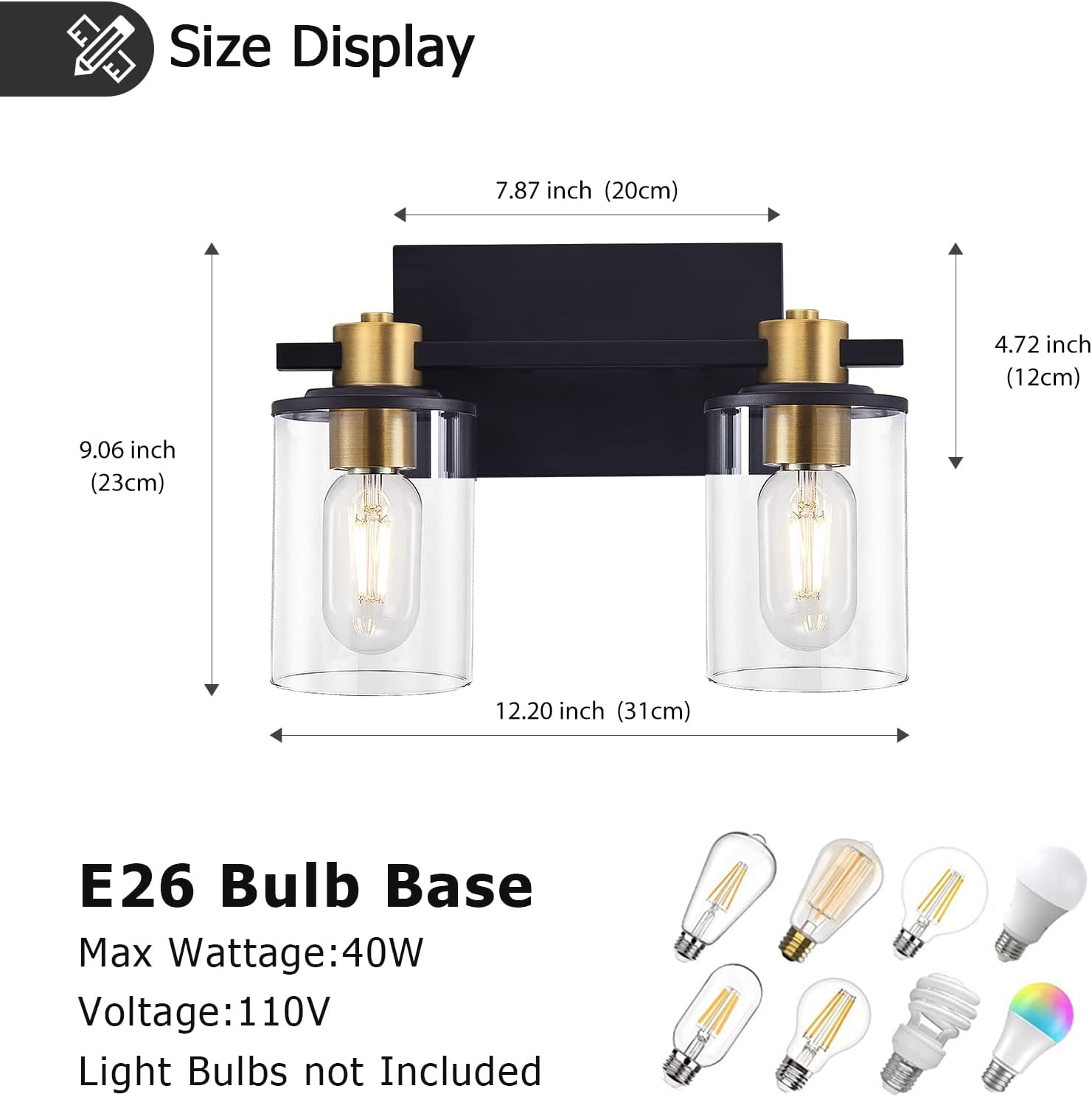 stambord 2 Light Bathroom Vanity Light, Black and Gold Bathroom Light Fixtures, Sconces Wall Lighting with Glass Shade, Modern Farmhouse Vanity Lighting fixtures for Bathroom, Bedroom, Hallway