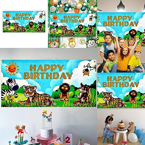Image of Wanna Party Large Safari Jungle Animals Happy Birthday Banner, Jungle Party Sign /Photo Backdrop, Jungle Animals Theme Party Decorations Supplies for Safari /Jungle Themed Birthday Party-4' x2'