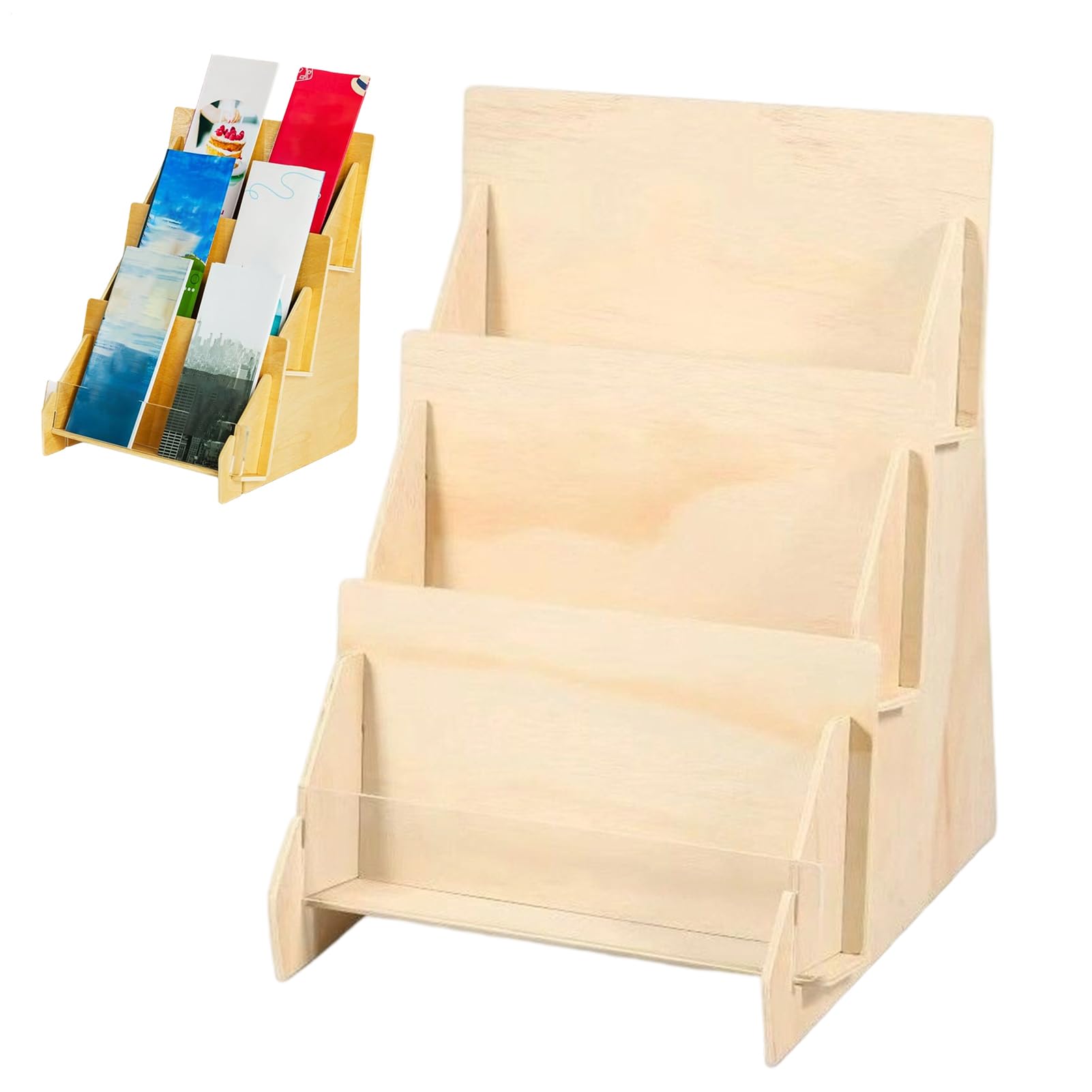 Card Rack - 3 Tier Wooden Stand, Wooden Trading Card Display Shelf | 3 Tier Organizer for Greeting Cards, Postcards, Stickers, Art Prints | Ideal for Home, Office, Wedding, Party