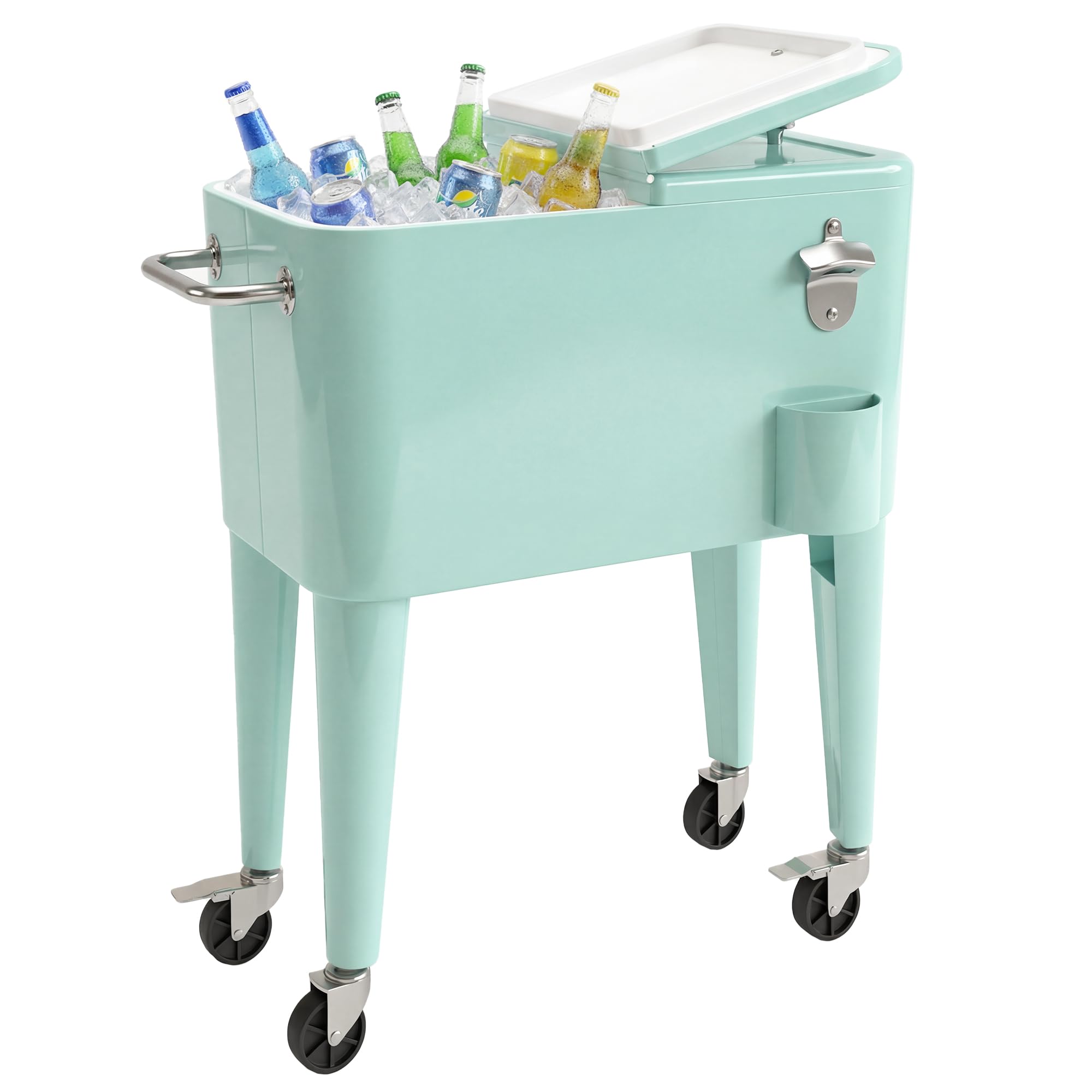 Outsunny Carro de Bebidas Refrigerado 56L con Ruedas, Carro Nevera con Abrebotellas, Recogetapas y Asa, para Patio, Fiesta, Terraza, 75x35x78 cm, Verde Claro