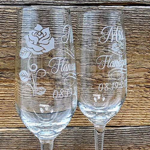 Personalized Wedding Toast Champagne Glasses For Groom And Bride Custom Engraved With Mr And Mrs Last Name Date And Rose Design Wedding Gift Set Of 2 #TOP2