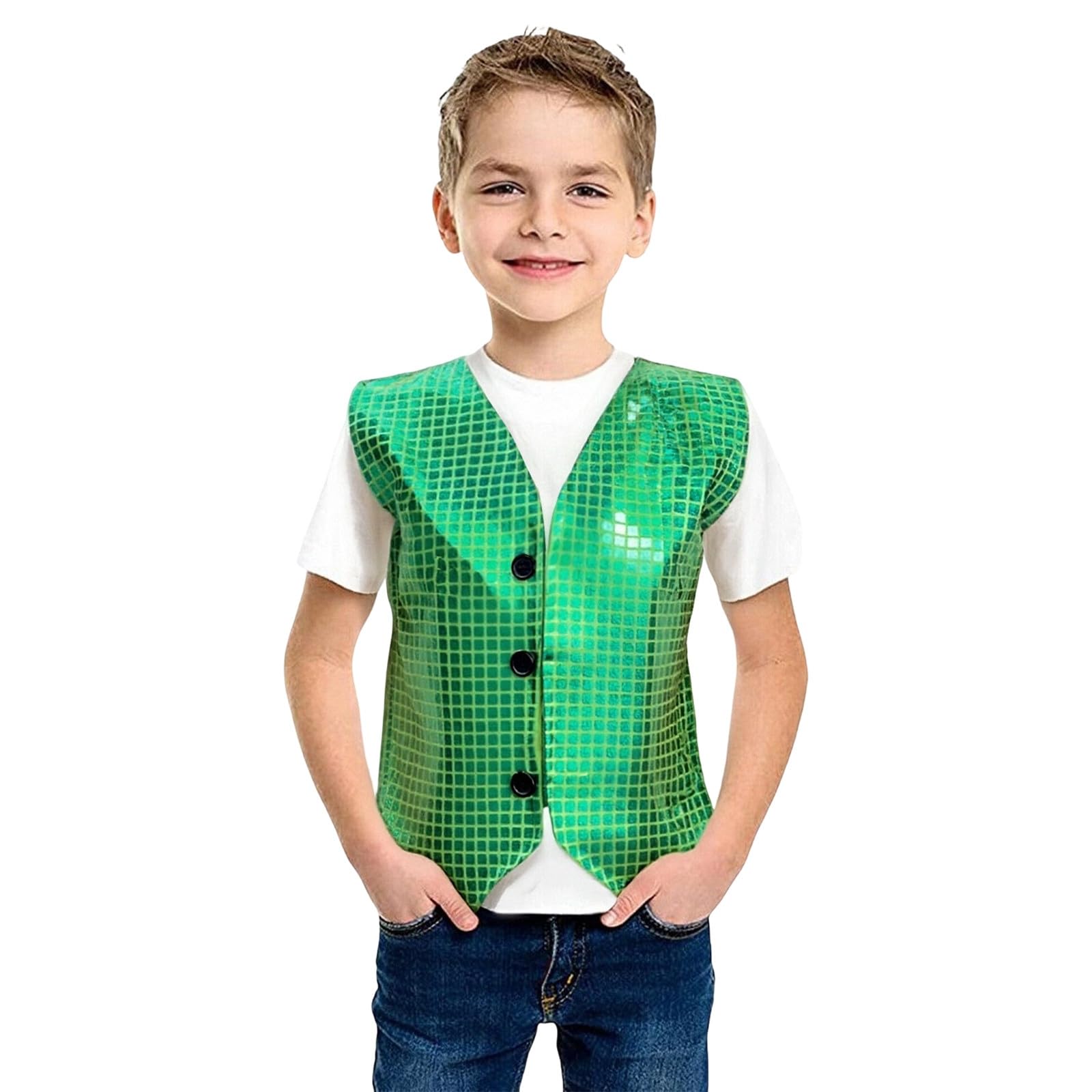 Sequin Vest Unisex Waistcoat Kids Dance Party Show Costume Jacket Top Sparkly Waistcoat for Kids Boys Glitter Coat Shiny Dance Vest for Boys for Party Fancy Dress Up Hip Hop Jazz Green