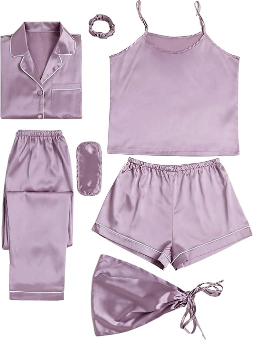 LYANER Women's Pajamas Set 7pcs Silk Satin Sleepwear Loungewear Cami Shirt Pj Set
