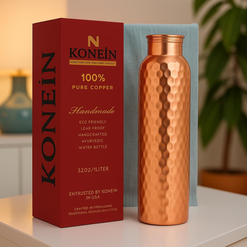 100% Copper Water Bottle, Diamond Matty Finish Design, (34 Oz/1000ml), Ayurvedic Copper Bottle for Drinking water with Nature Health Benefits, Leak-Proof, Durable & Eco-friendly
