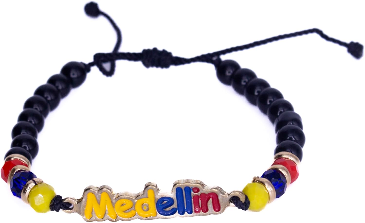 Handmade Adjustable Bracelet from Colombia - Colombia Flag Colors - Medellin Charm - Black and Colombian Flag Color Beads