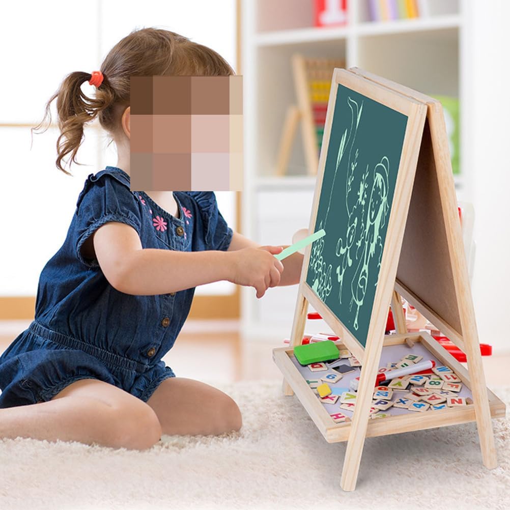 Montessori Kids Wooden Art Easel, Double-Sided Magnetic Whiteboard Blackboard