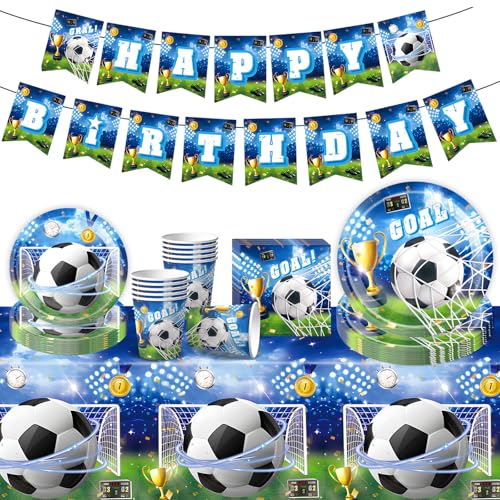 52PCS Football Party Tableware Set Football Lovers Party Decorations Includes Happy Birthday Banner Soccer Plates Cups Napkins Tablecloth Birthday Supplies Disposable Dinnerware for 10 Person