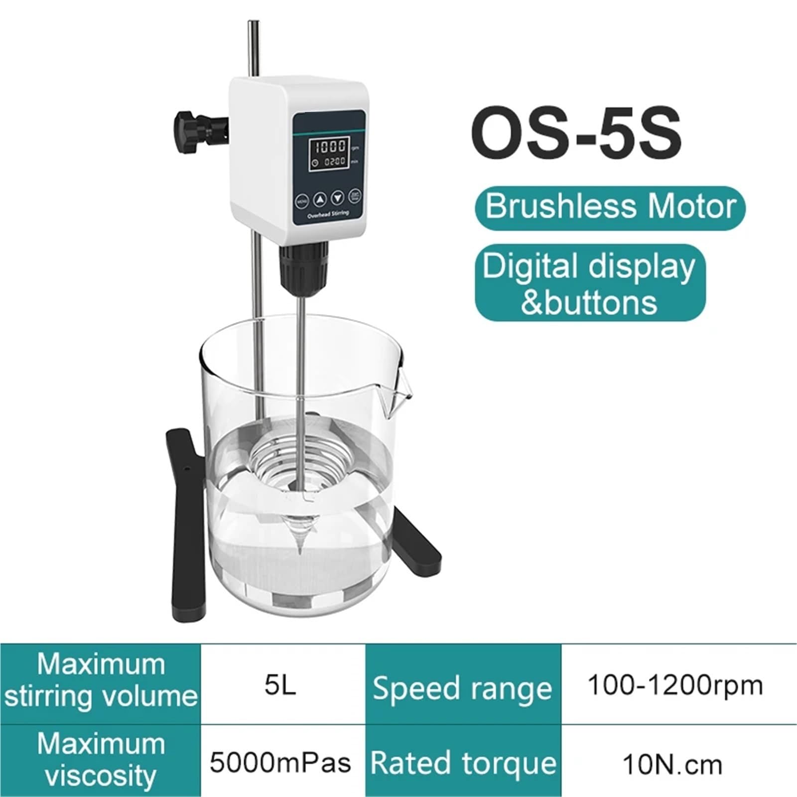 Agitador de varilla con pantalla digital, mezclador eléctrico, agitador de laboratorio, altura ajustable, 5/10 l, 1200 rpm(OS-5S(LCD 5L))