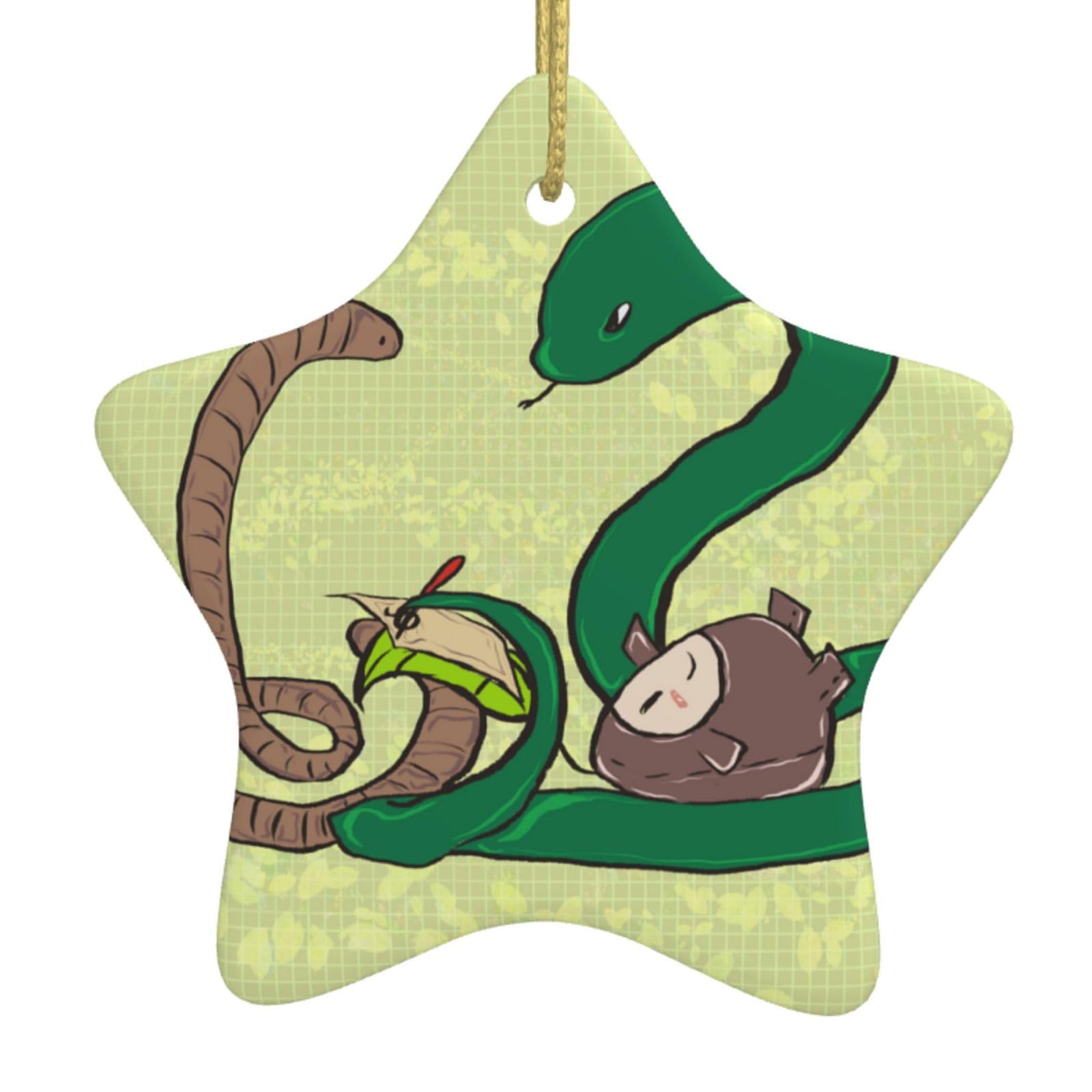 Sunflower Seeds Earthworm Snake Christmas Ceramic Star Pendant with Punched Holes and Gold Wire Rope, Christmas Tree Home Decoration