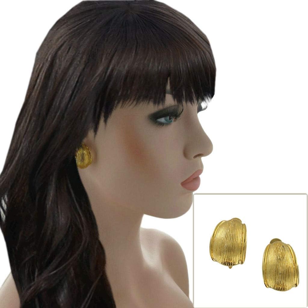 Vintage Gold Tone Statement Big Ribbed Weave Texted Design Clip On Earrings 7/8" Earrings For Women Set