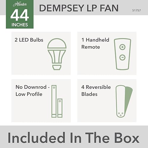 Miniatura 7 de Hunter Ventilador de techo interior de 44 pulgadas con luz LED y control remoto, ventilador de techo moderno, montaje de perfil bajo, 4 cuchillas,