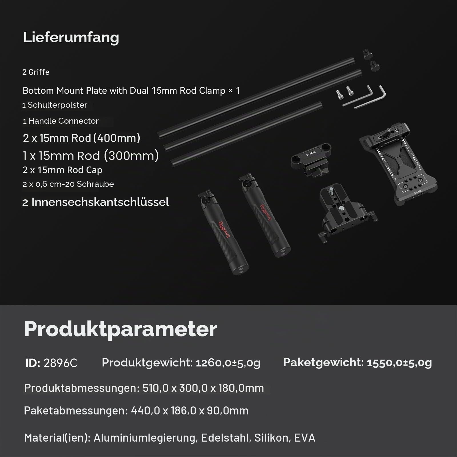 SMALLRIG Camera Shoulder Rig Basic Schulterset für DSLRs und spiegellose Kamera-Rig, Schulter-Rig mit Universal-Grundplatte - 2896C