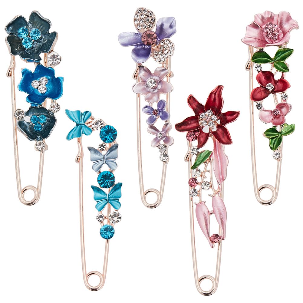 Épingles à kilt fleurs strass or rose avec fermoir sécurisé pour pull
