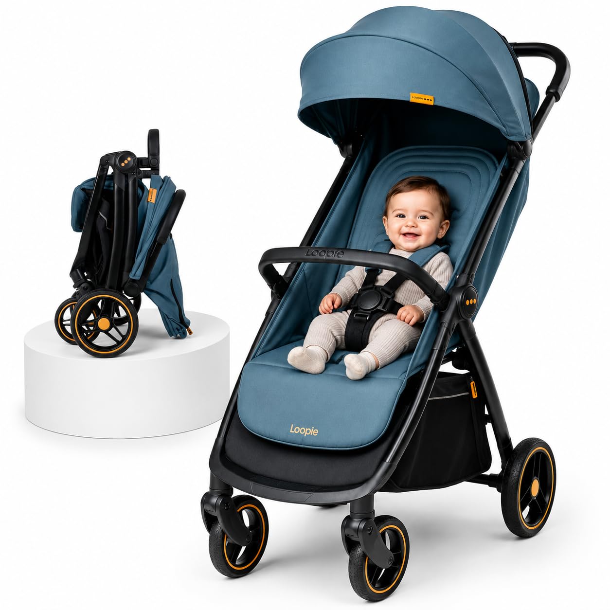 Loopie Hop Baby Stroller | 0-4 Years| Aluminium Frame Travel-Friendly Foldable Stroller with Magnetic buckle| Sun Protection Canopy| 5 Point Safety Harness| Adjustable Seat| Shock Absorber Wheels (Blue jade)-image-23