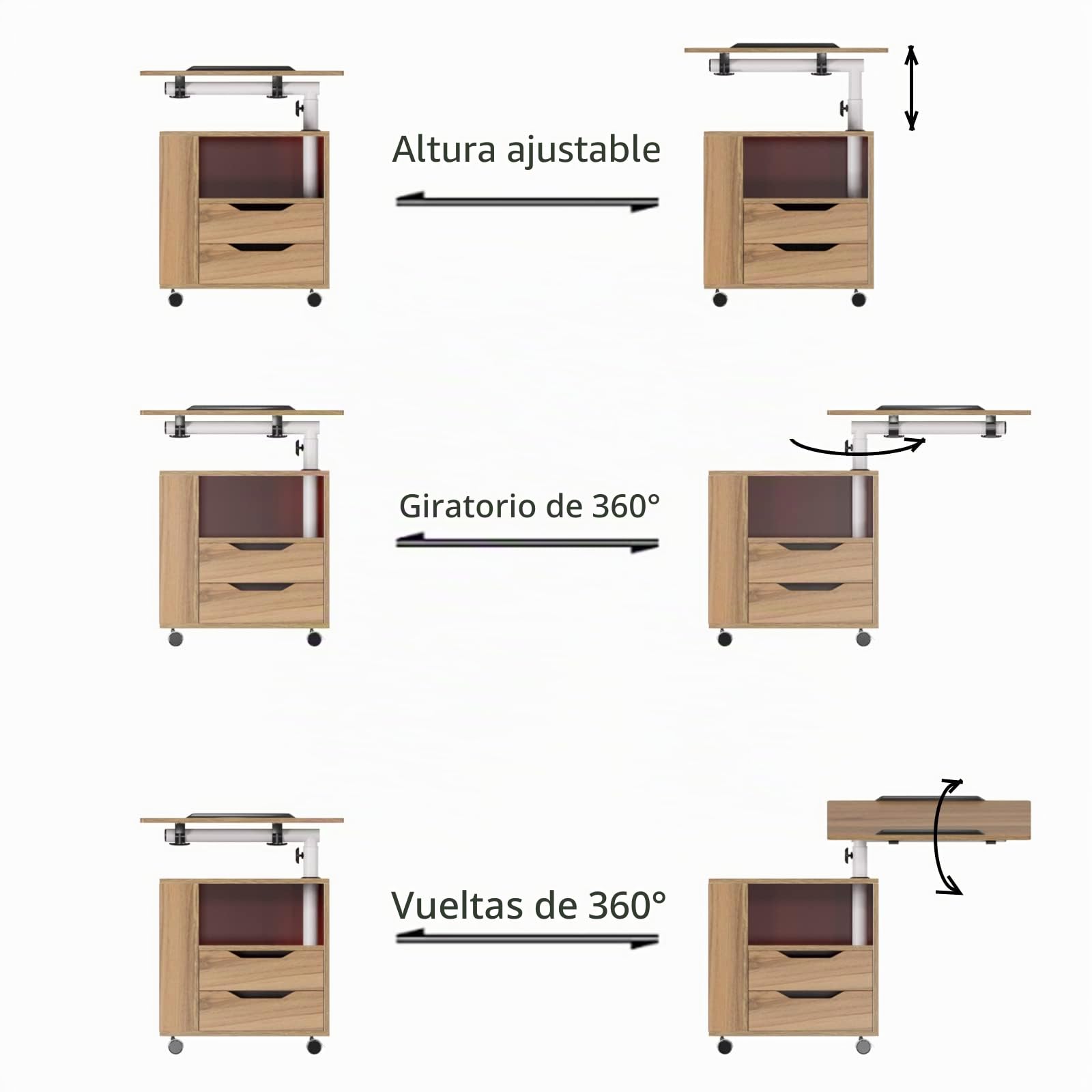 sogesfurniture Mesita de Noche, Mesa Auxiliar con Ruedas, 2 Cajónes, Compartimento Abierto, Mesilla de Noche de Madera Mesa Auxiliar Moderno para Dormitorio Habitación, Salón, 60×40×70-90cm, Roble