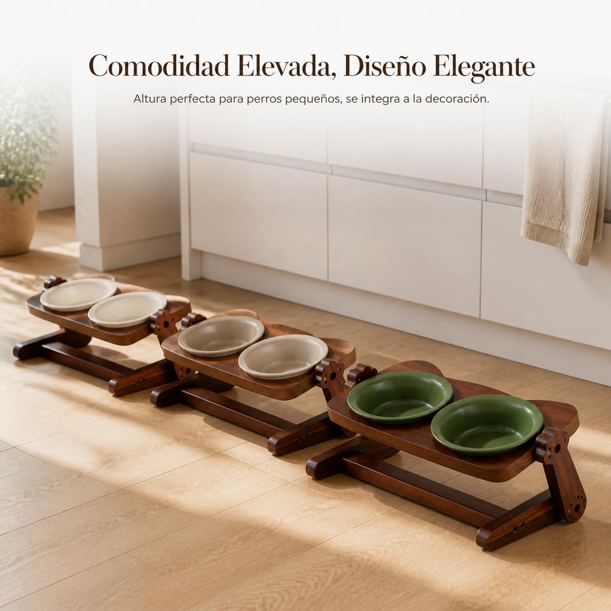 Comero Ajustable para s, Doble Cuenco+Soporte Acacia-Verde