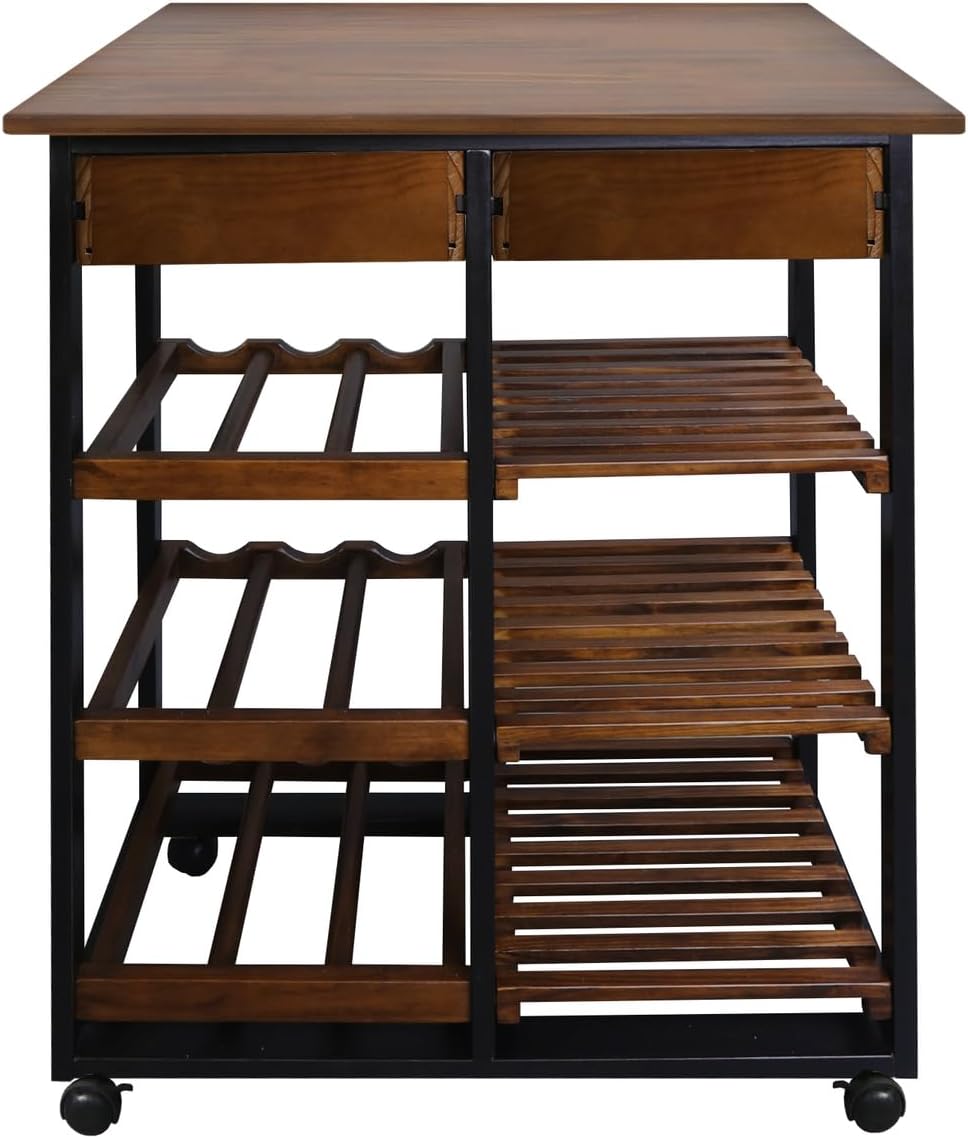 Casual Home Solid Wood 28" Wide l 4-Tier Rolling Kitchen Island Trolley with Wine Rack and Drawer, Mocha/Black
