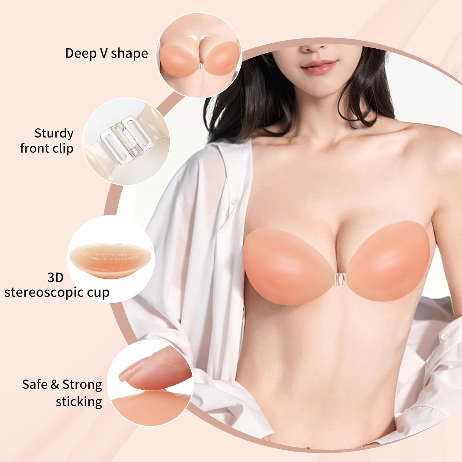 Adhesive Bra for Women Sticky Silicone Invisible Push up Bra,4 Pairs Adhesive Bras & 4 Pairs Nipple Covers - Image 4