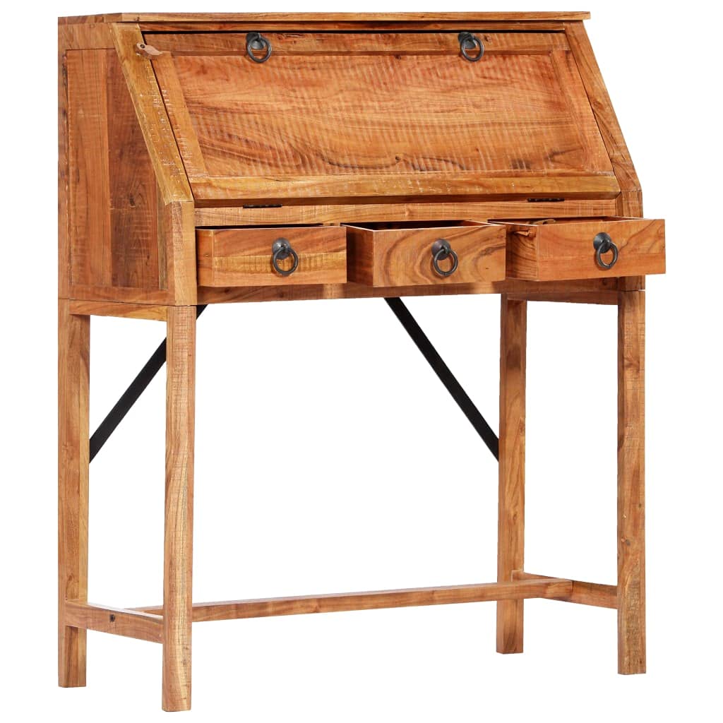 Scrivania in legno massiccio di acacia, 90 x 40 x 107 cm, con cassetti, piano di scrittura pieghevole, libreria, segretario per casa, ufficio, studio, soggiorno, camera degli ospiti