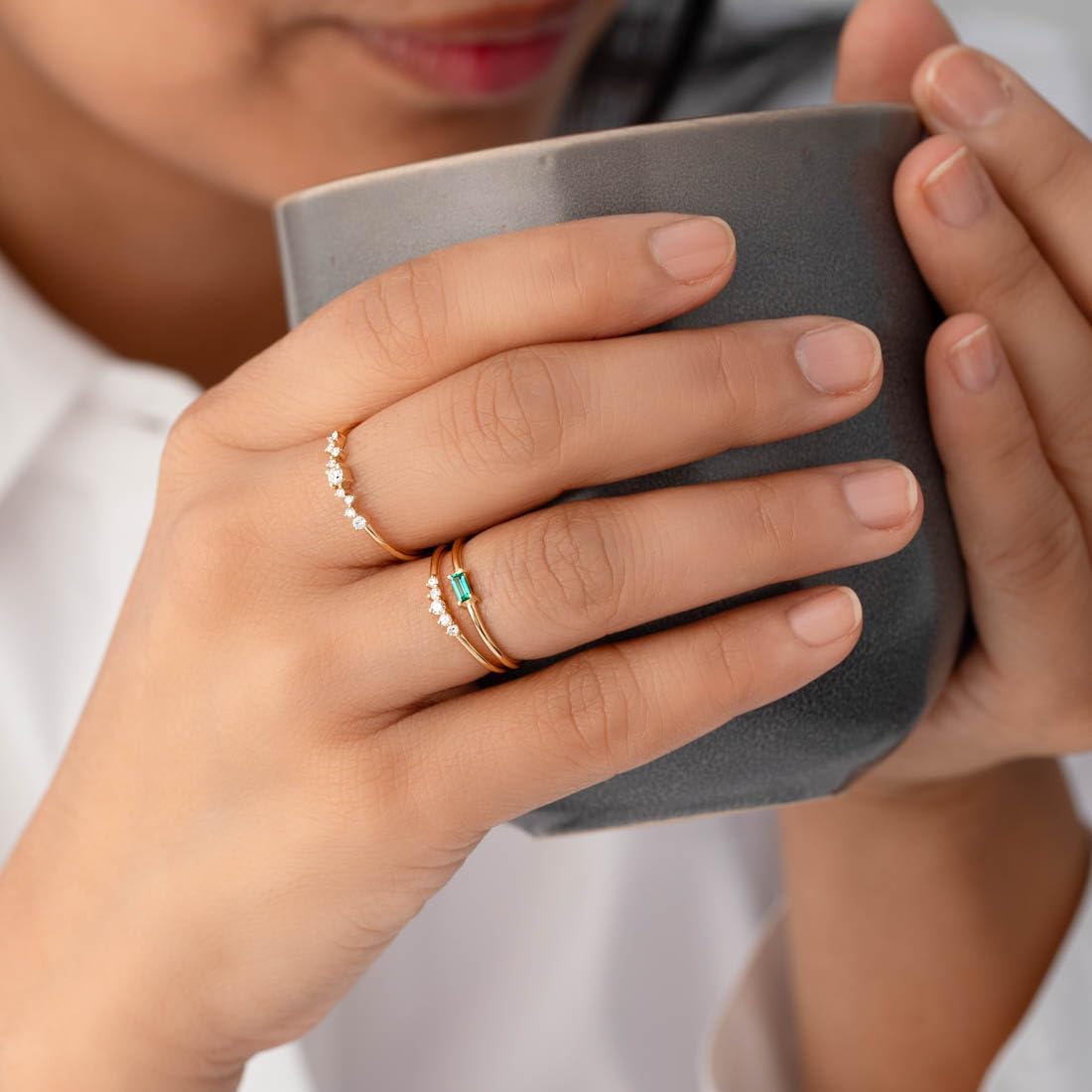 PEORA Lab Grown Diamond Minimalist Stackable Rings in 14K Yellow Gold Plated Sterling Silver, Sizes 5 to 9